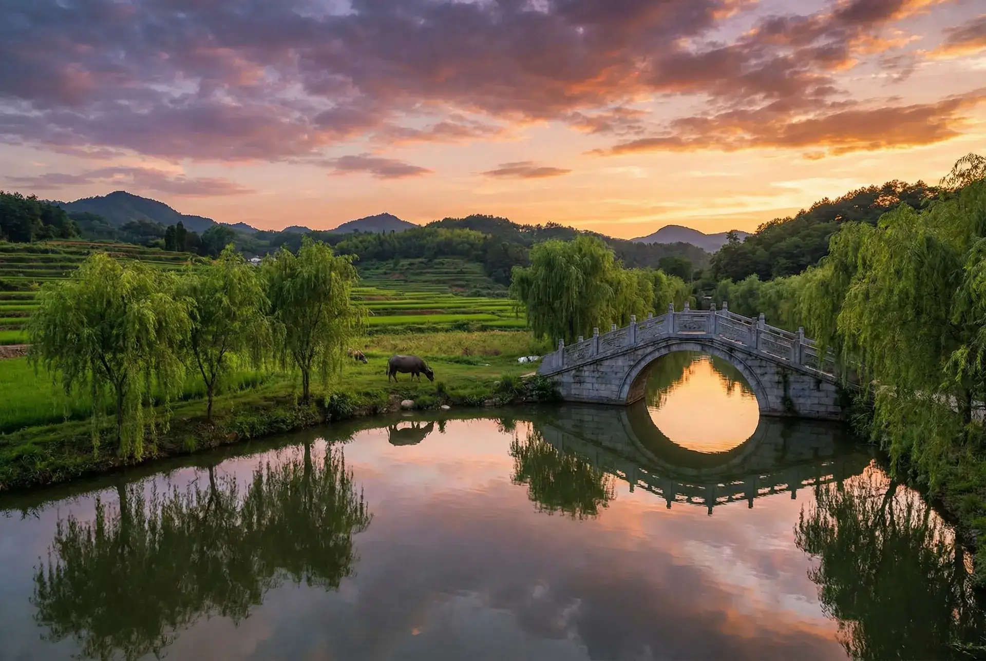夕阳下的石拱桥与垂柳，水牛在河边吃草 - 安娜情史2百度影音 乡村美景